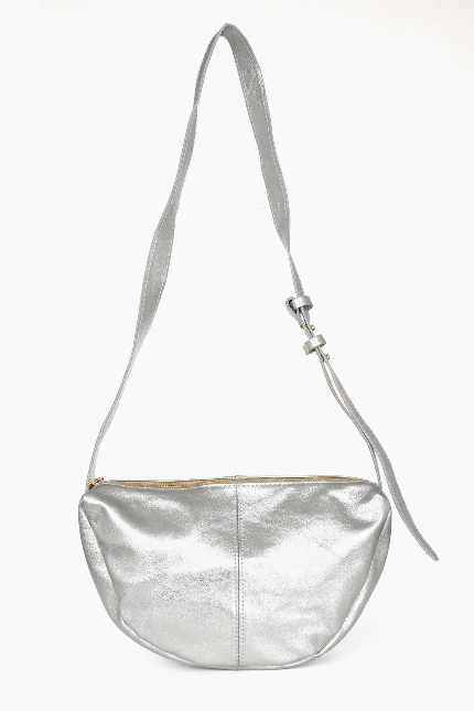 Half Moon Silver Metallic Italian Leather Handbag