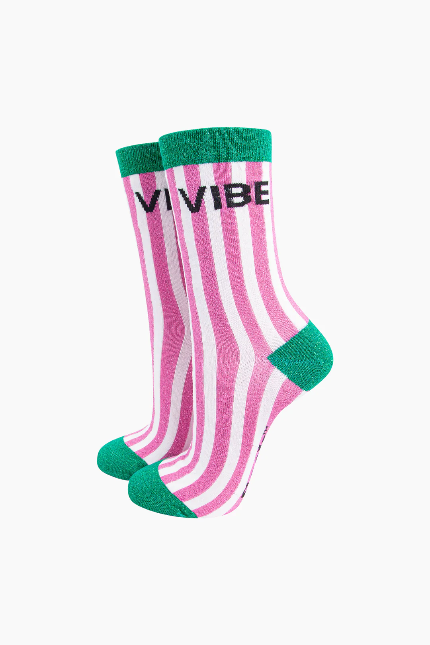 Vibe Green & Pink Striped Glitter Socks