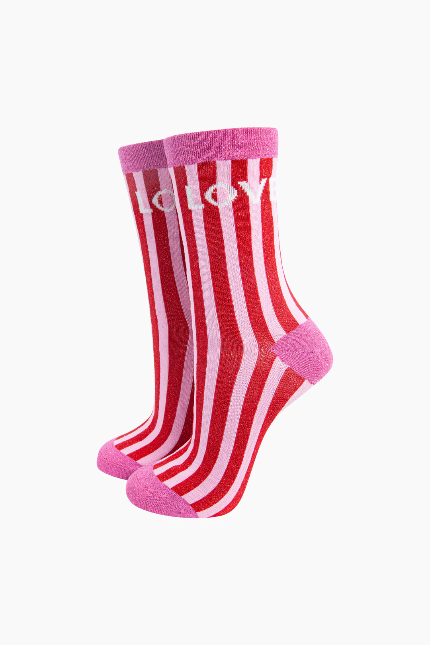 Love Red & Pink Striped Glitter Socks