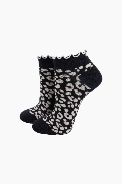 Black & White Leopard Print Frilly Bamboo Socks