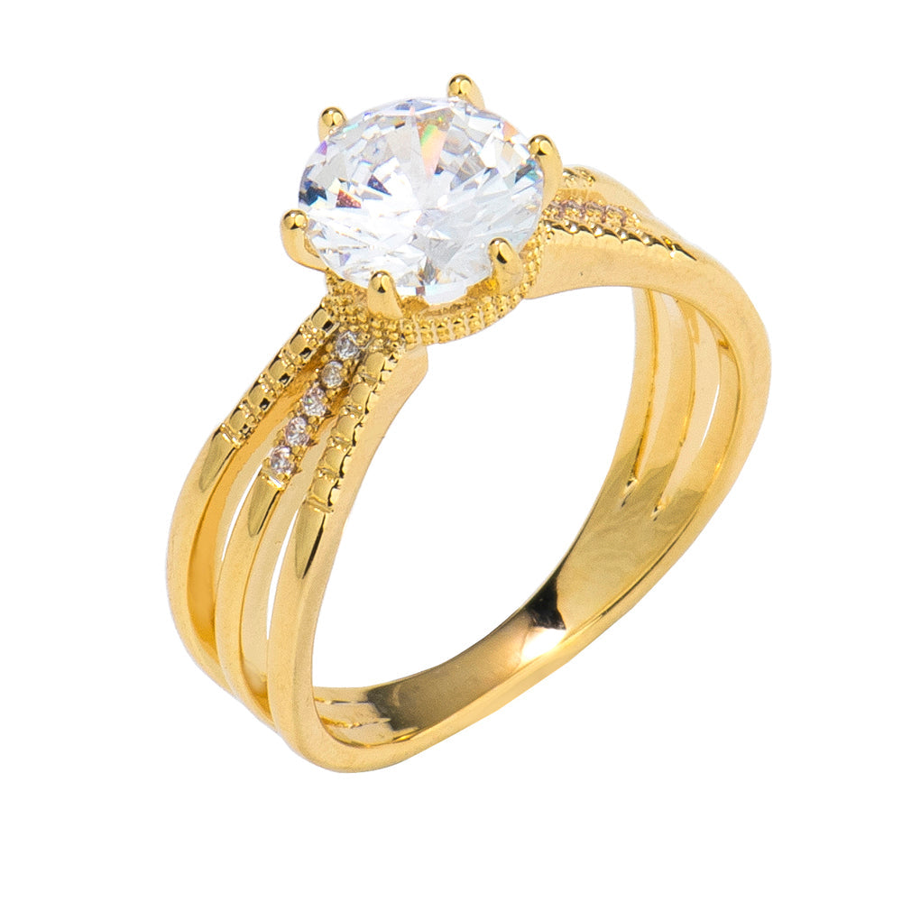 Gold Triple Band Solitaire Crystal Ring
