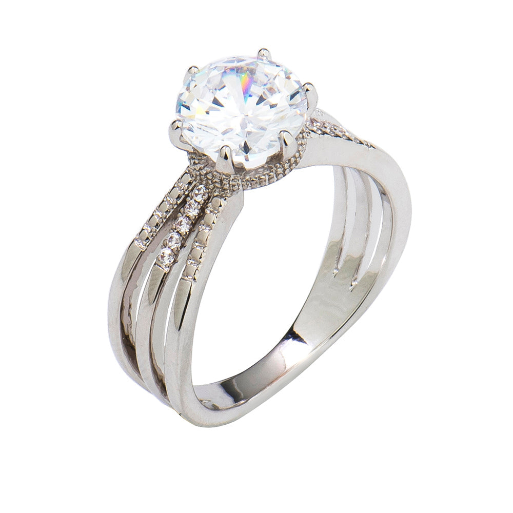 Silver Triple Band Solitaire Crystal Ring