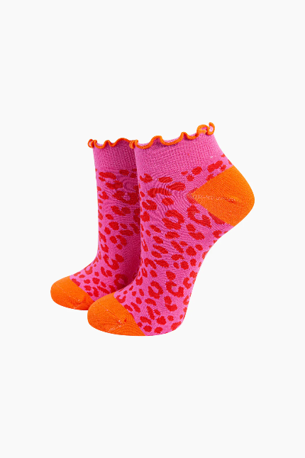 Pink & Orange Leopard Print Frilly Bamboo Socks