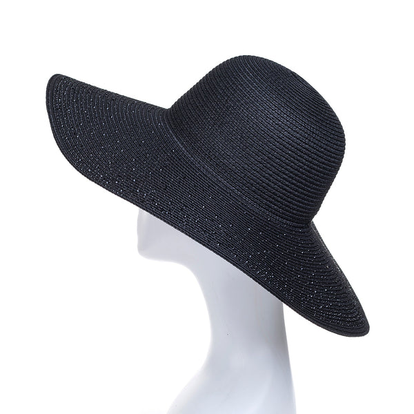 Black Embellished Wide Brim Straw Hat