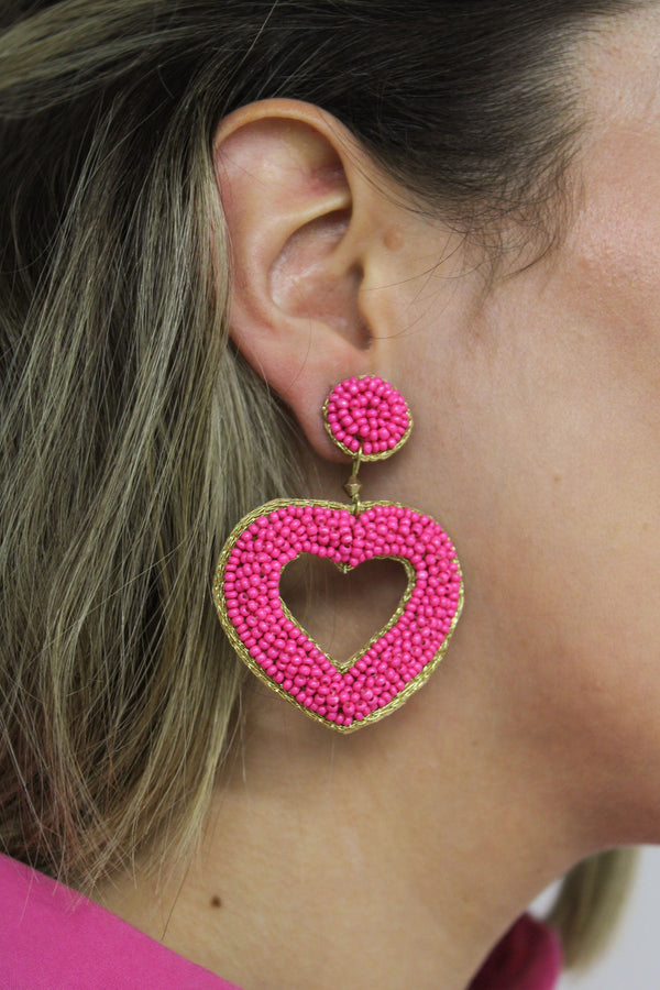 Hot Pink Beaded Heart Earrings