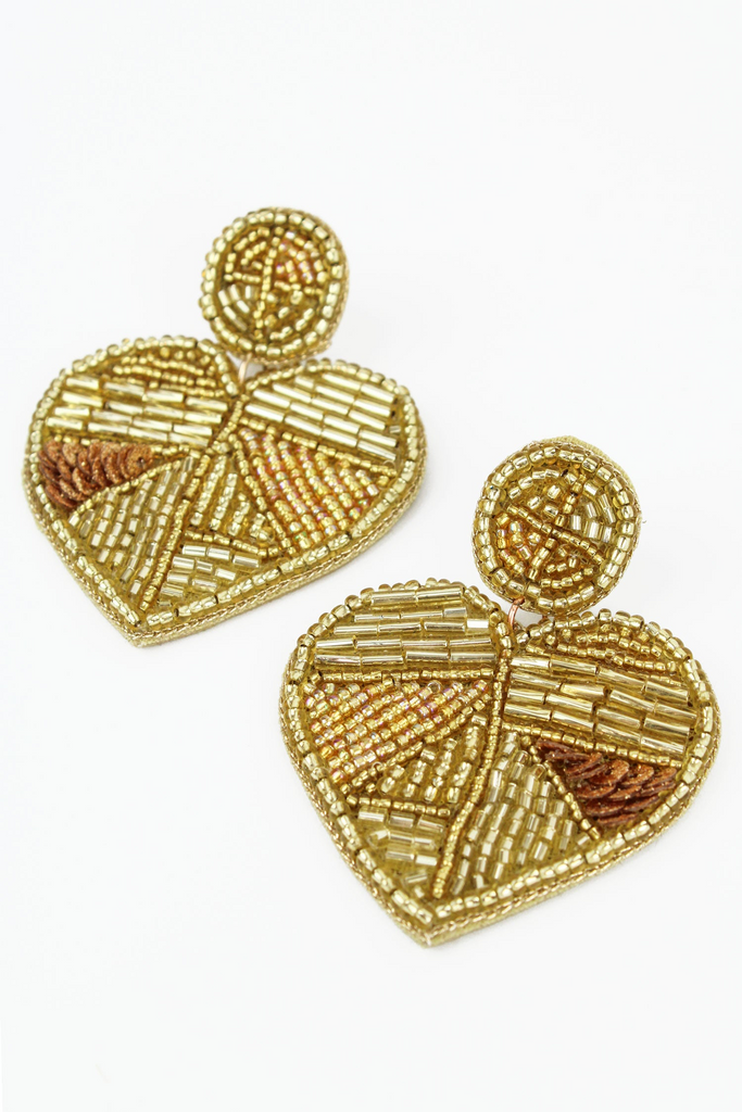 Gold Patchwork Beaded Heart Earrings