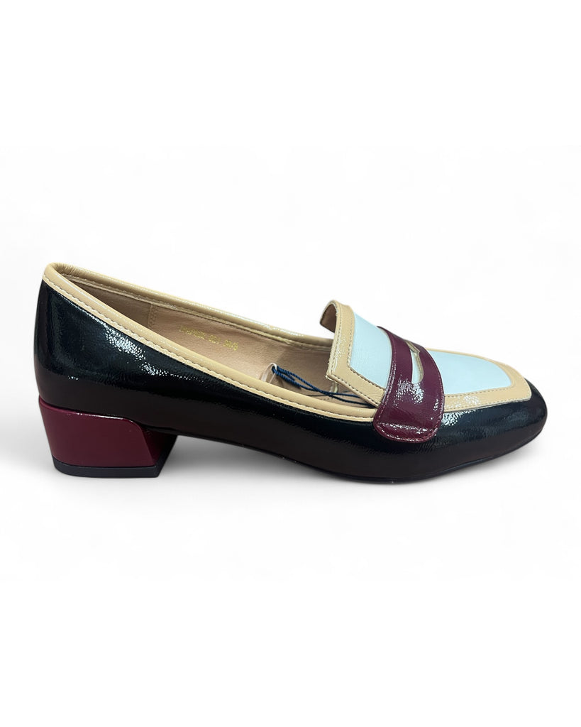 Dancing Matilda Trapeze 021 Black Heeled Court Shoe with Burgundy, Nude & White