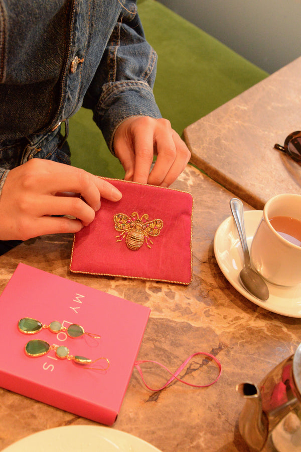 Gold & Pink Beaded Bee Small Pouch