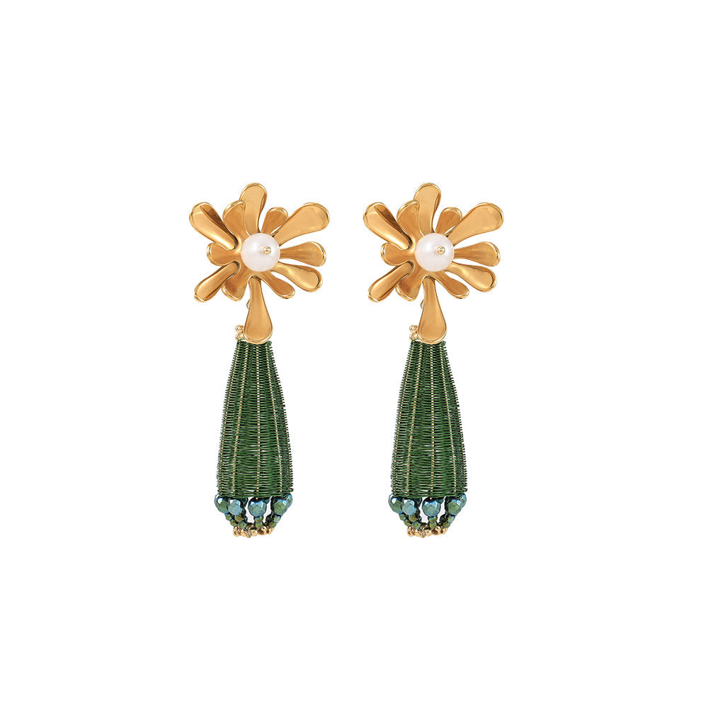 Aliza Green & Gold Beaded Drop Earrings