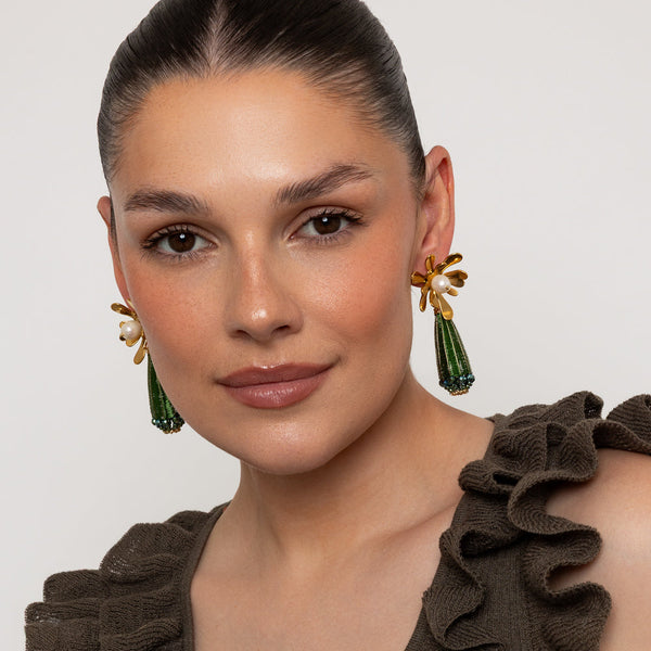 Aliza Green & Gold Beaded Drop Earrings