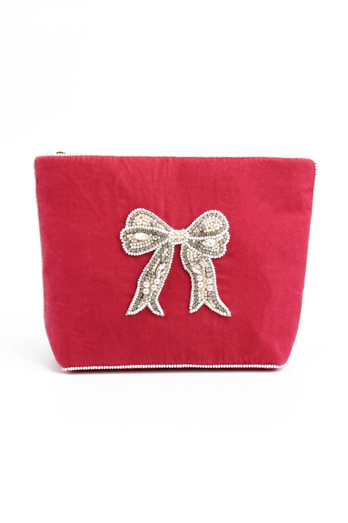 Pink Bow Beaded Medium Pouch