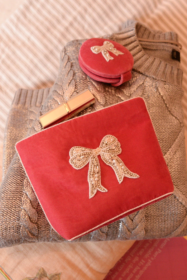 Pink Bow Beaded Medium Pouch