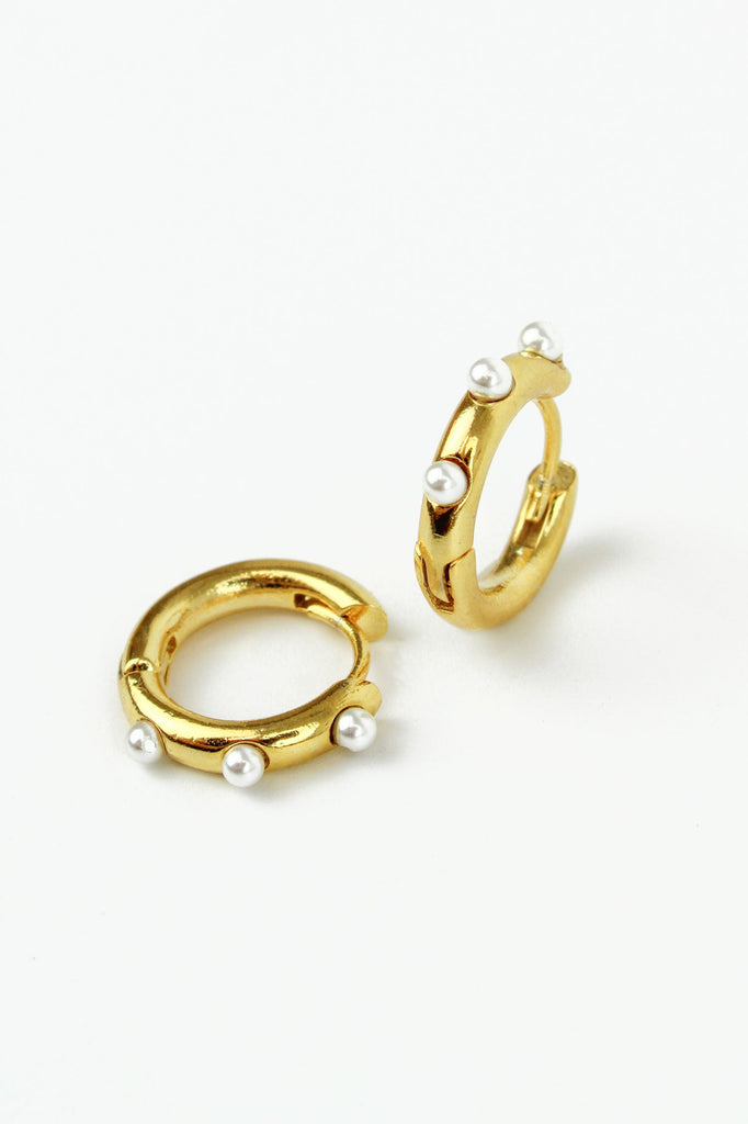 Triple Pearl Gold Huggie Hoop Earrings