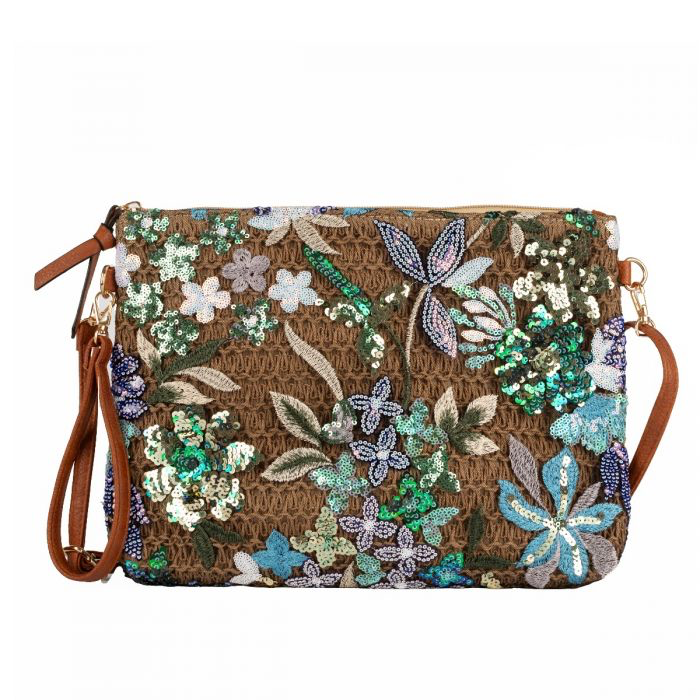 Green Sequin Embellished Straw Handbag