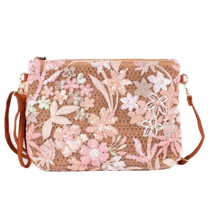Pink Sequin Embellished Straw Handbag
