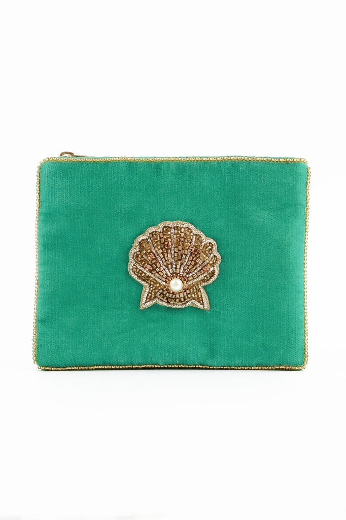 Green Beaded Shell Beaded Small Pouch