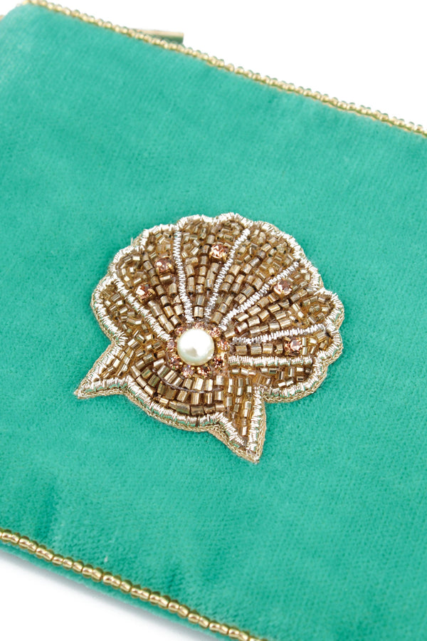 Green Beaded Shell Beaded Small Pouch