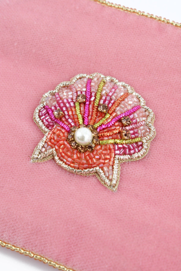 Pink Beaded Shell Beaded Small Pouch