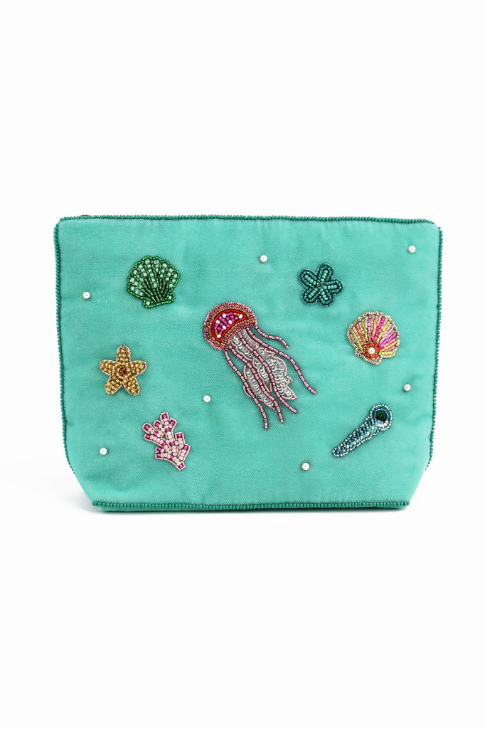 Green Sea Scene Beaded Medium Pouch