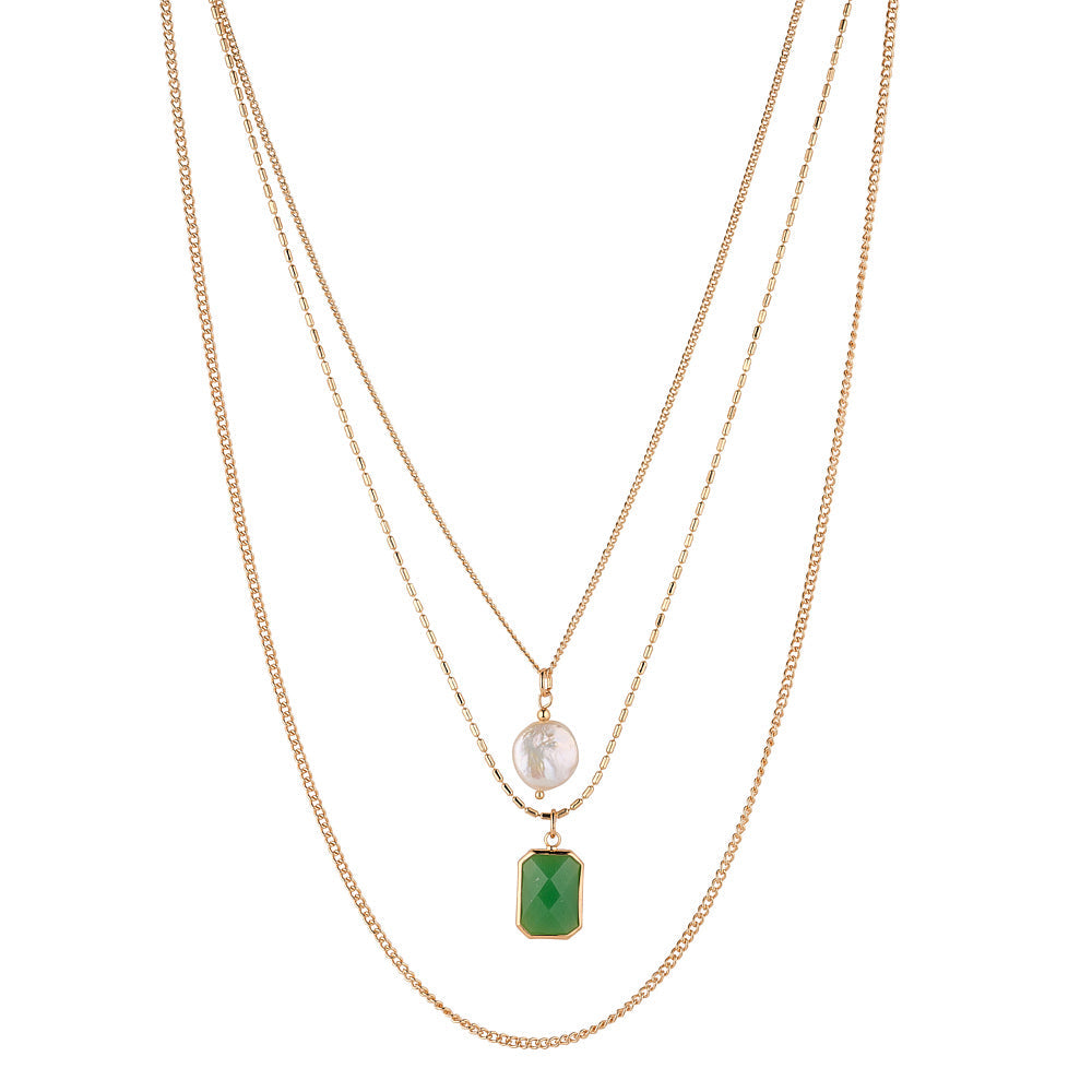 Green, Gold & Freshwater Pearl Layered Necklace