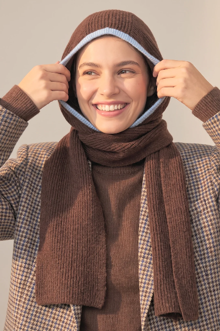 Brown & Blue Trim Hooded Scarf