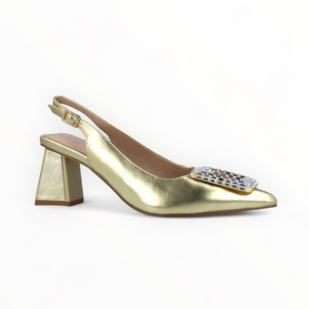 Menbur Gold Pointed Slingback Block Heel