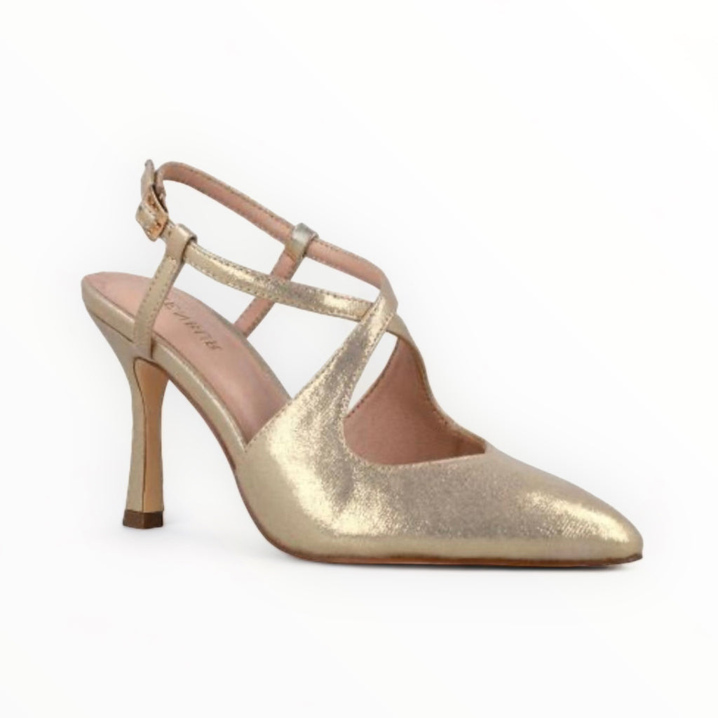 Menbur Gold Pointed Court Shoe with Cross-Over Strap