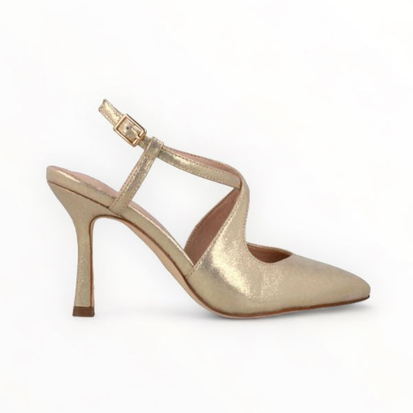 Menbur Gold Pointed Court Shoe with Cross-Over Strap