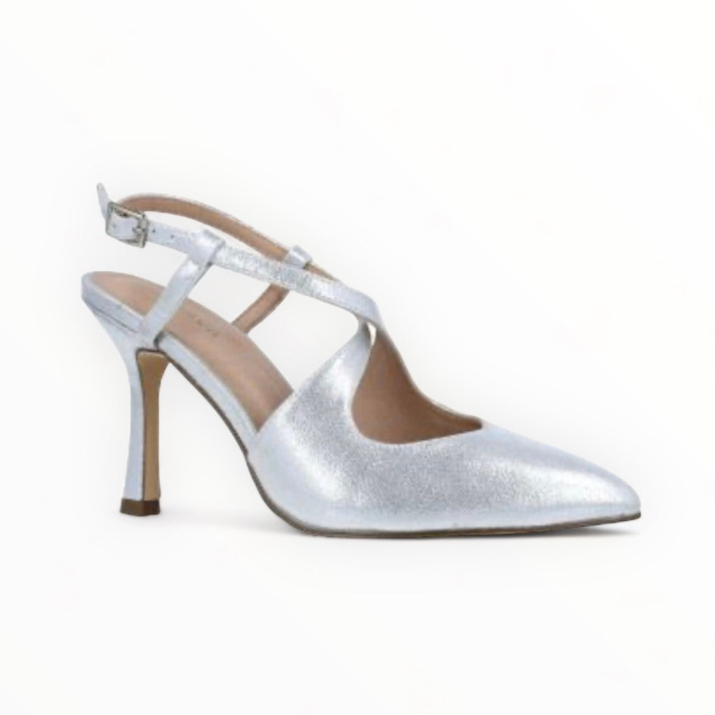 Menbur Silver Pointed Court Shoe with Cross-Over Strap