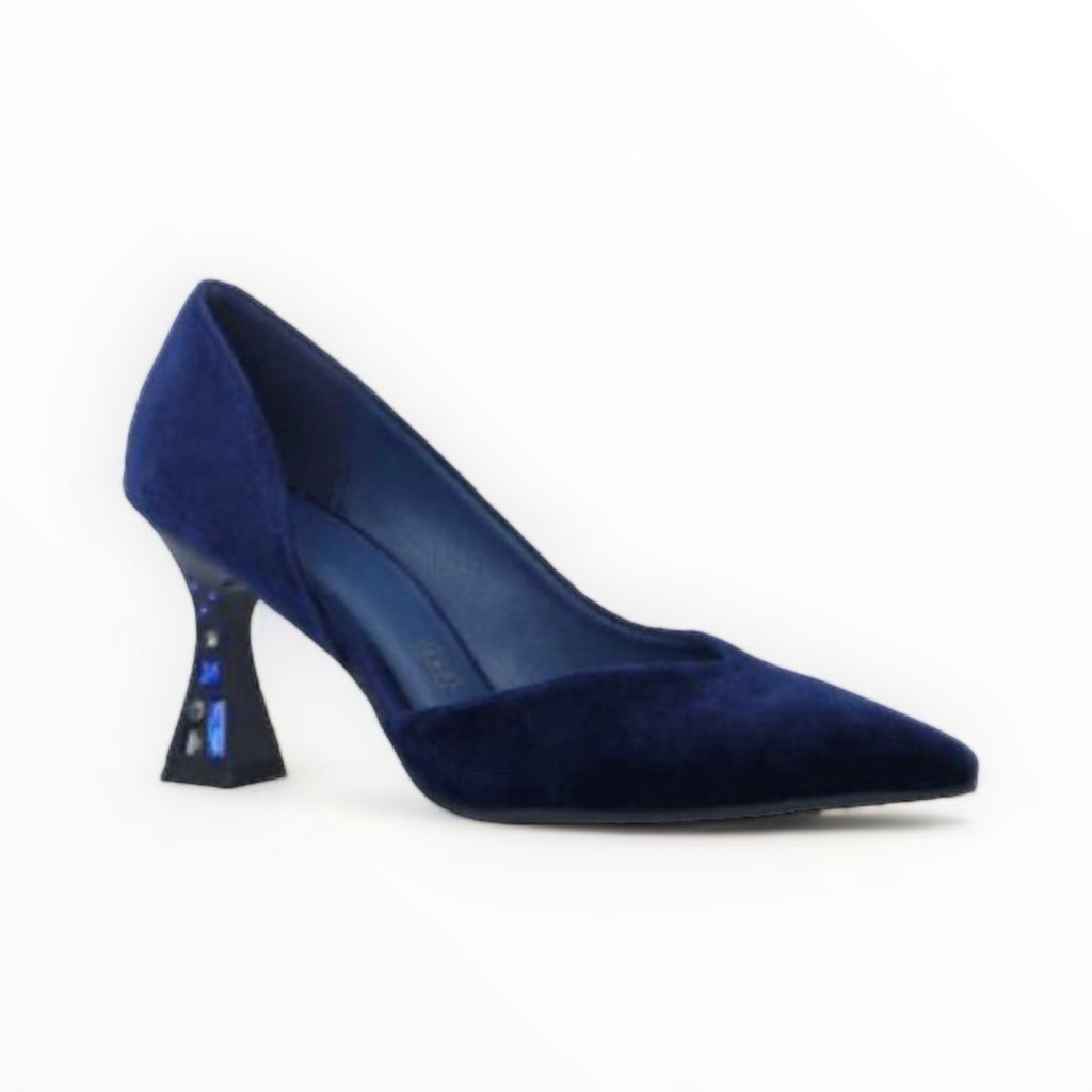 Menbur Navy Velvet Pointed Shoe with Embellished Heel