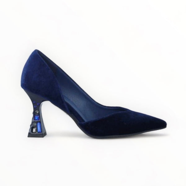 Menbur Navy Velvet Pointed Shoe with Embellished Heel