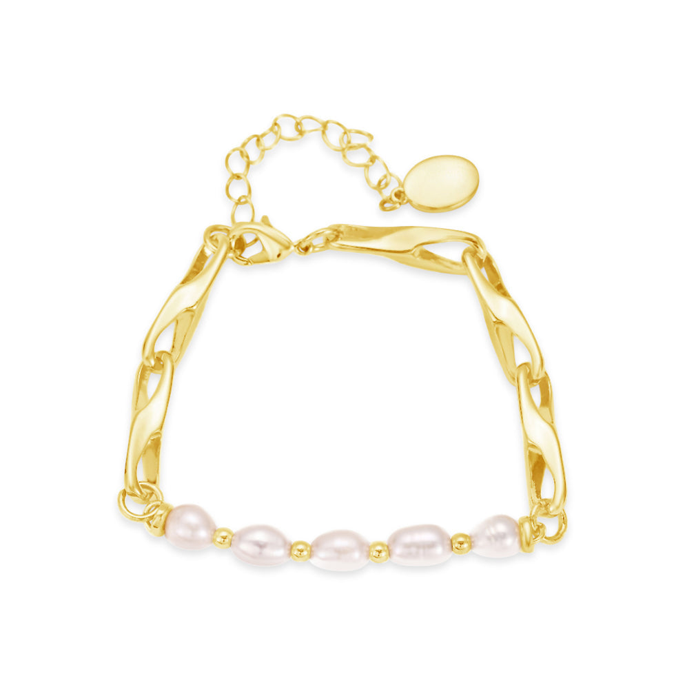 White Freshwater Pearl & Gold Curb Chain Bracelet