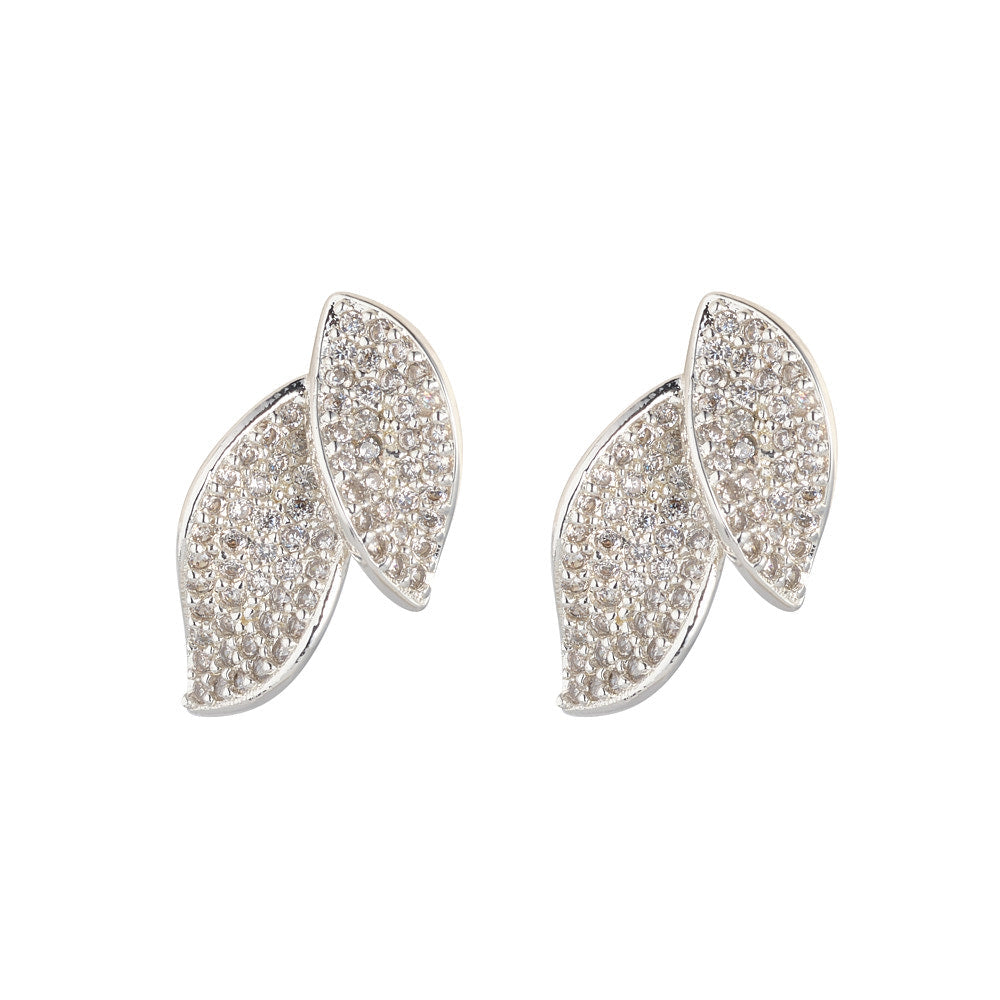 Silver Crystal Duo Leaf Earrings