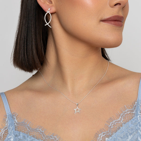 Silver Crystal Crescent Drop Earrings