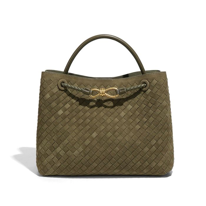 Olive Suede Woven Tote Handbag With Gold Clasp