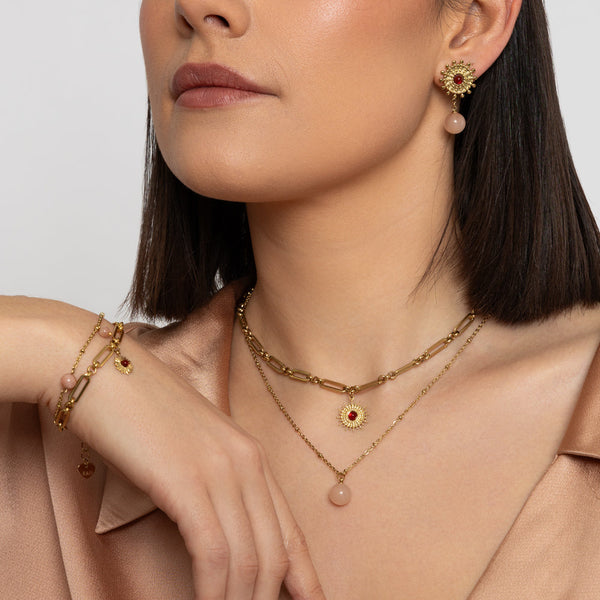 Gold & Semi Precious Sun Stone Layered Necklace