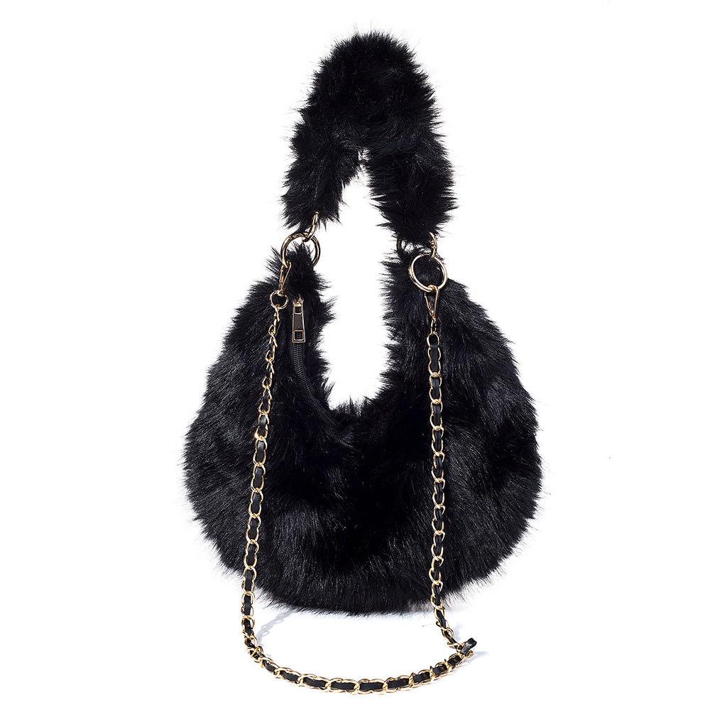 Ebony Black Faux Fur & Chain Strap Handbag