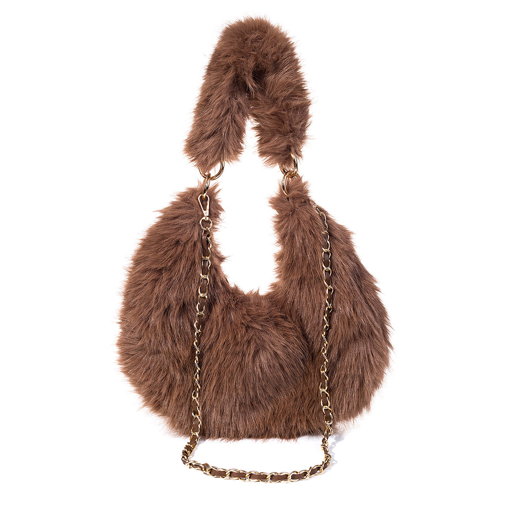 Mocha Mousse Faux Fur & Chain Strap Handbag