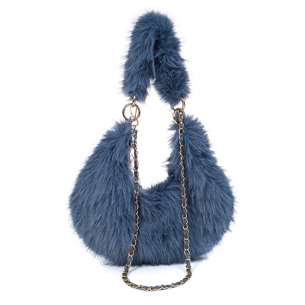 China Blue Faux Fur & Chain Strap Handbag