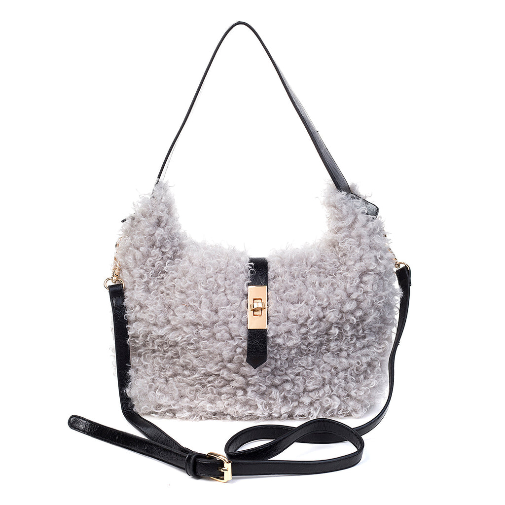 Pebble Grey & Black Faux Fur Handbag