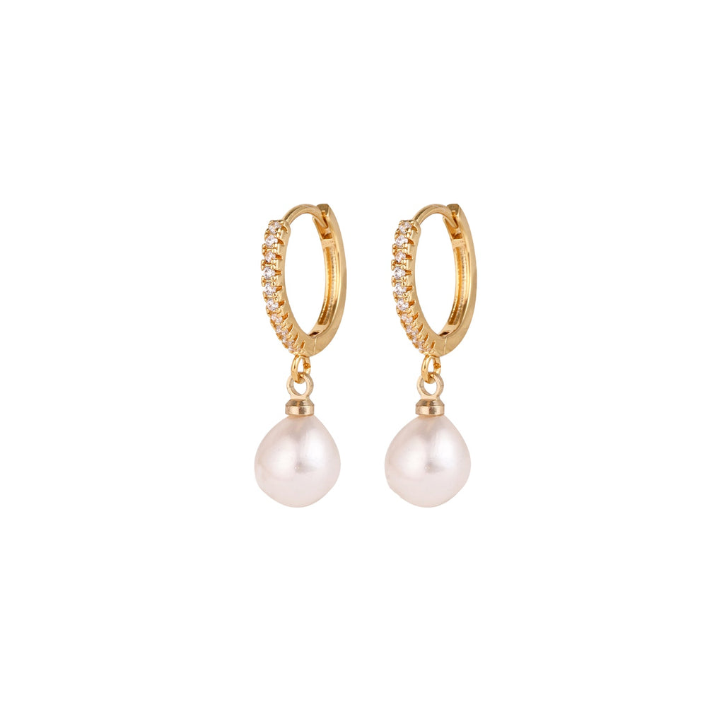 Gold Crystal Hoop Pearl Earrings