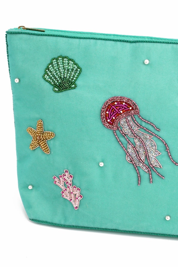 Green Sea Scene Beaded Large Pouch