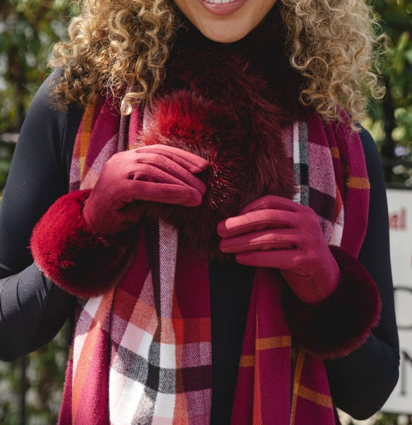 Cherry Suede & Faux Fur Trim Gloves