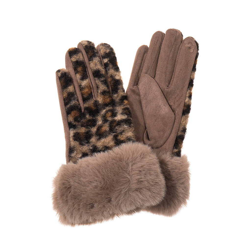 Mocha Leopard Print Faux Fur Gloves