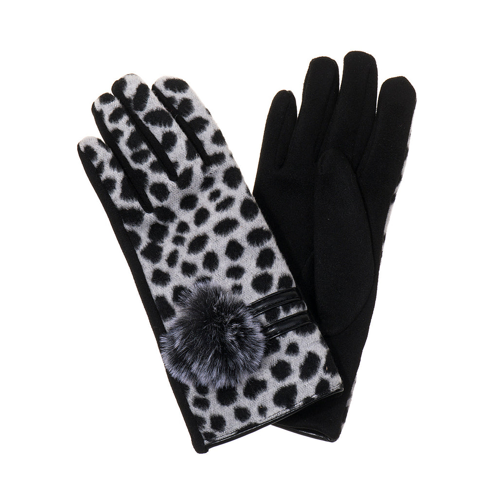 Ebony Black Animal Print Faux Fur Trim Gloves