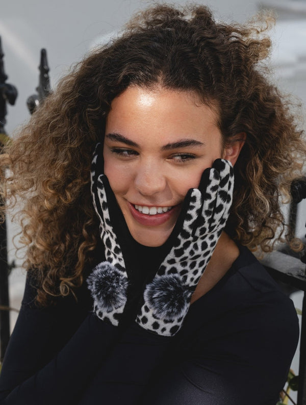 Ebony Black Animal Print Faux Fur Trim Gloves