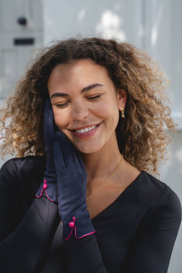 Navy & Fuchsia Suede Button Trim Gloves