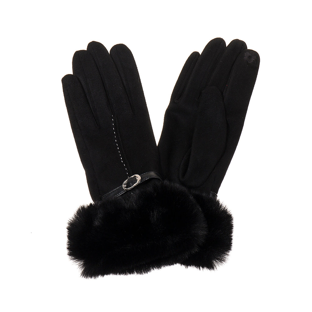 Black & White Stitch Suede & Faux Fur Trim Gloves