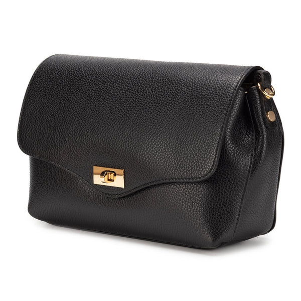 Black Leather Twist Clasp Crossbody Handbag