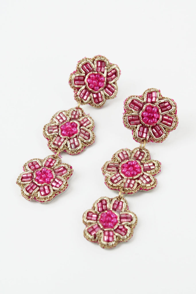 Pink Beaded Floral Drop Earrings